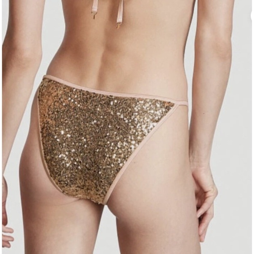 Victoria's Secret Gold Sequined Bikini Bottom High Cut Cheeky Swim NWT L